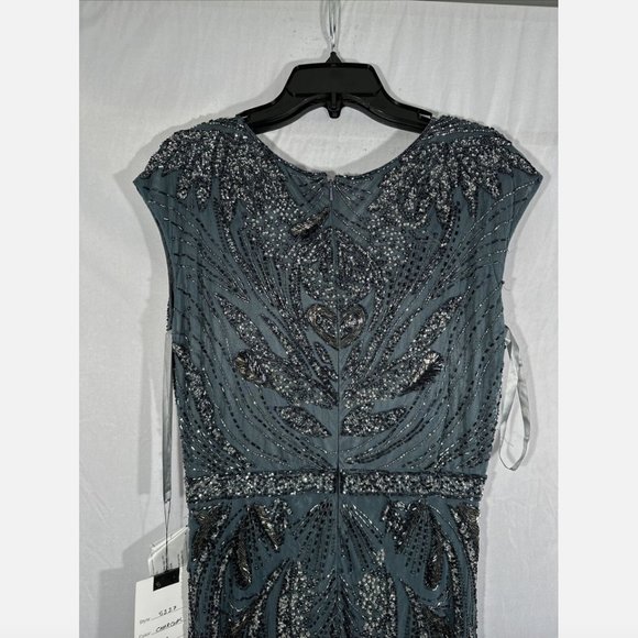 NWT $598 Mac Duggal [ 12 ] Intricate Beaded V-Neck High Slit Gown Charcoal #Q565 - Picture 12 of 16